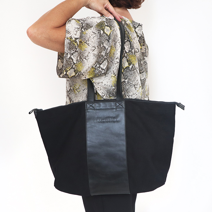 Leather and Canvas Moma Tote Bag in black with zipper