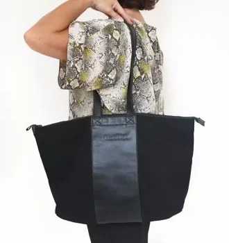 Leather and Canvas Moma Tote Bag in black with zipper